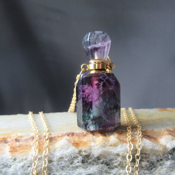 Gemstone Perfume Bottle, Rainbow Fluorite and Brass - Picture 1 of 5